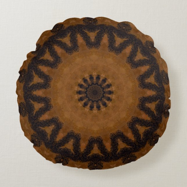Rustic Brown and Black Wood Mandala Round Cushion (Front)