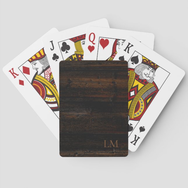 Rustic Brown and Black Wood Monogram Playing Cards (Back)