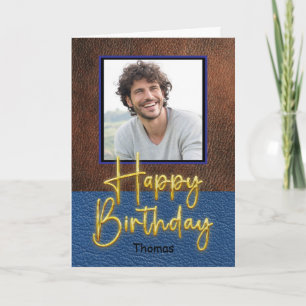 Rustic Brown and Blue leather Gold Script Birthday Card