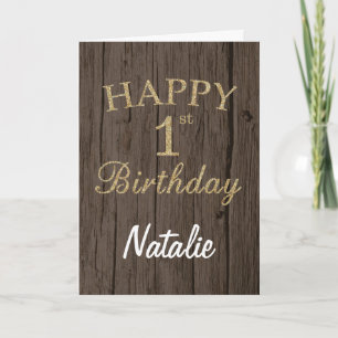 Rustic Brown and Gold Glitter 1st Birthday Card
