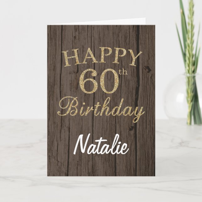 Rustic Brown and Gold Glitter 60th Birthday Card (Front)