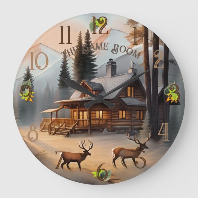 Rustic Brown and Grey Watercolor Log Home Large Clock (Front)
