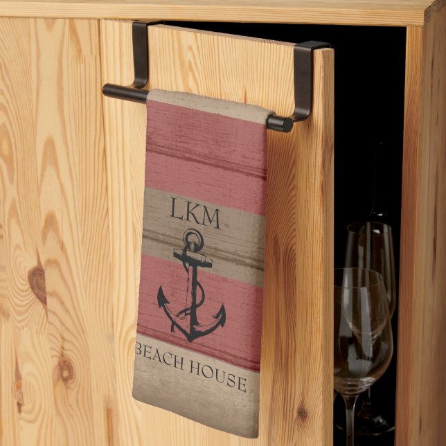 Rustic Brown and Red Wood Nautical - Monogram Tea Towel (Thirds Fold)