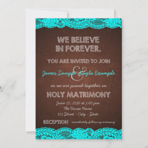 Rustic Brown and Teal Blue Wedding Invitation
