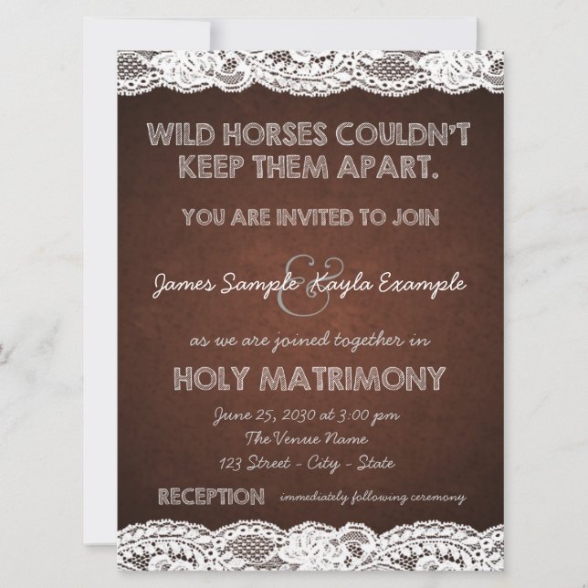Rustic Brown and White Lace Country Wedding Invitation (Front)