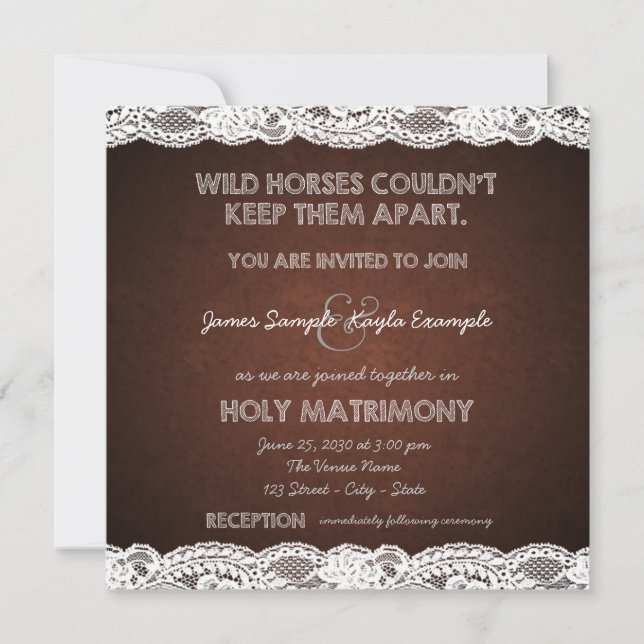 Rustic Brown and White Lace Country Wedding Invitation (Front)