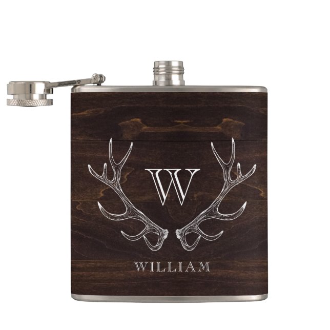 Rustic Brown Antler Monogrammed Groomsman Gift Hip Flask (Opened)