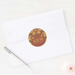 Rustic Brown Autumn Foliage Fall Wedding Monogram Classic Round Sticker