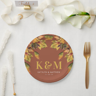 Rustic Brown Autumn Foliage Fall Wedding Monogram Paper Plate