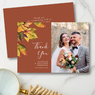 Rustic Brown Autumn Foliage Fall Wedding Photo  Thank You Card