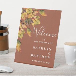 Rustic Brown Autumn Foliage Fall Wedding Welcome  Pedestal Sign
