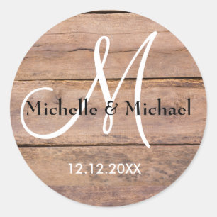 Rustic Brown Barn Wood Bride And Groom Monogram Classic Round Sticker