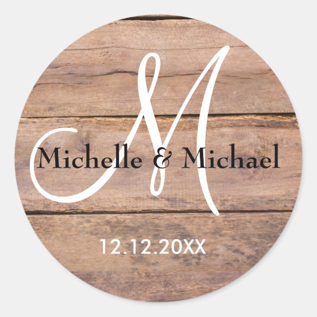 Rustic Brown Barn Wood Bride And Groom Monogram Classic Round Sticker (Front)