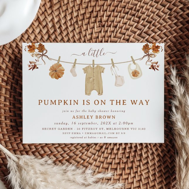 Rustic Brown Beige Clothesline Fall baby Shower  Invitation (Boho Clothesline Fall Baby Shower Invitation Template, Fall Baby Shower Invitation With Clothesline)