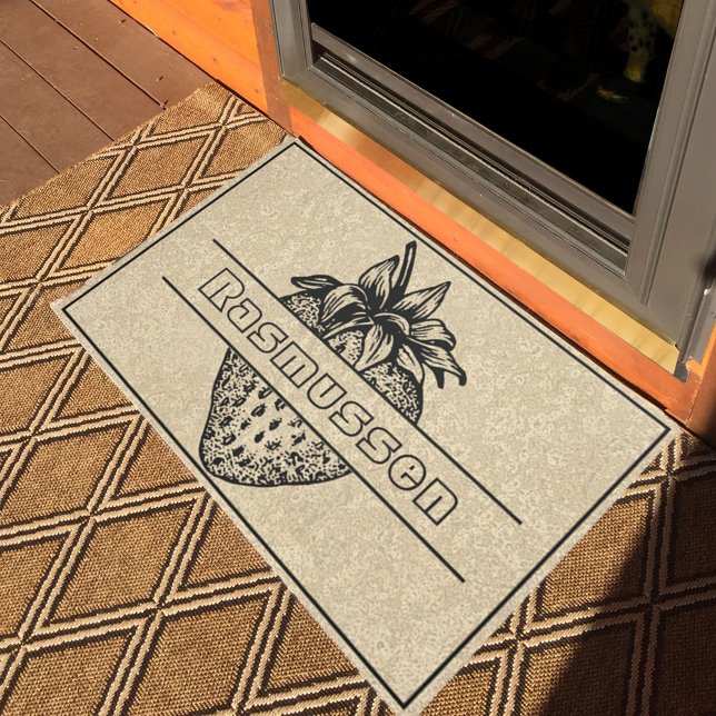 Rustic Brown Black Strawberry Custom Name Welcome Doormat (Creator Uploaded)