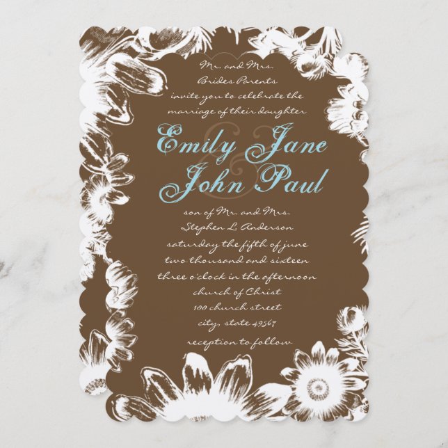 Rustic Brown Blue Vintage Flower Wedding Invitation (Front/Back)