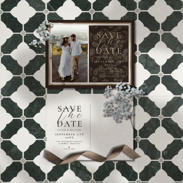 Rustic Brown Botanical Pattern Photo Wedding Announcement Postcard (Announce your big day in a sophisticated style with this Rustic Brown Botanical Pattern Photo Card!)