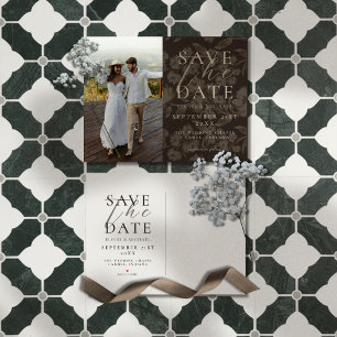 Rustic Brown Botanical Pattern Photo Wedding Announcement Postcard