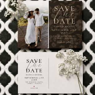 Rustic Brown Botanical Pattern Photo Wedding Announcement Postcard