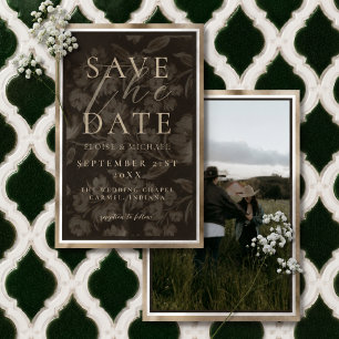 Rustic Brown Botanical Pattern Photo Wedding Save The Date