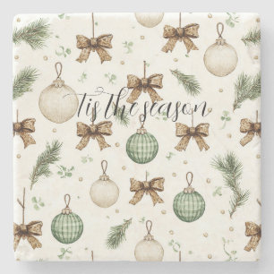 Rustic Brown Bows Cream Green Christmas Stone Coaster