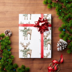 Rustic Brown Bows Cream Green Christmas Trees Deer Wrapping Paper
