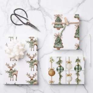 Rustic Brown Bows Cream Green Christmas Trees Deer Wrapping Paper Sheet