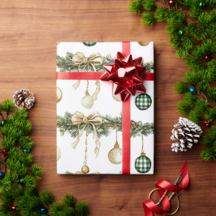 Rustic Brown Bows Cream Green Christmas   Wrapping Paper