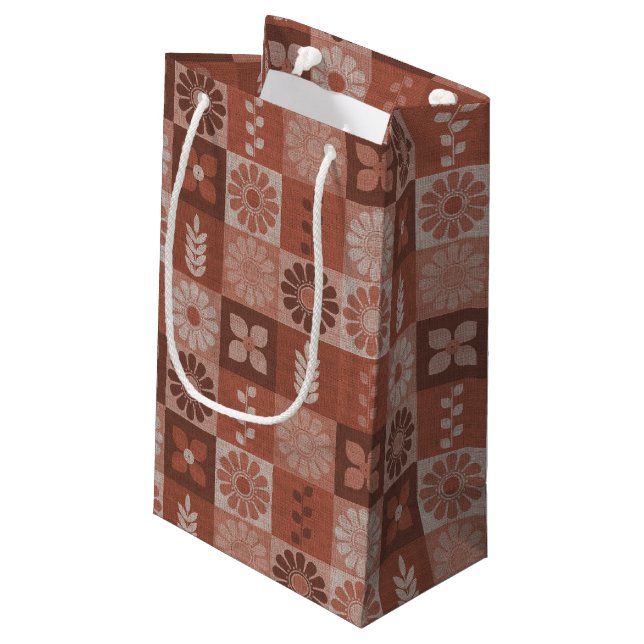 Rustic Brown Burlap Flowers Leaves Gift Bag (Back Angled)
