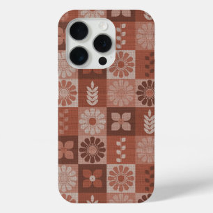 Rustic Brown Burlap Flowers Leaves Pattern iPhone 15 Pro Case