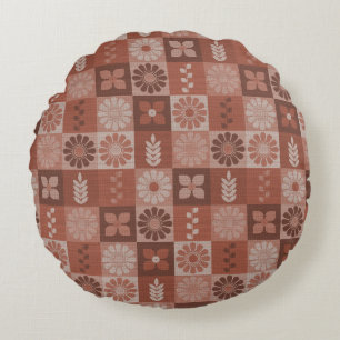 Rustic Brown Burlap Flowers Leaves Round Pillow