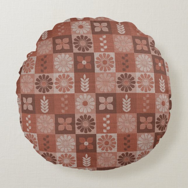 Rustic Brown Burlap Flowers Leaves Round Pillow (Front)
