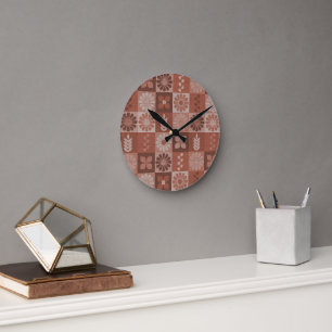 Rustic Brown Burlap Flowers Leaves Wall Clock