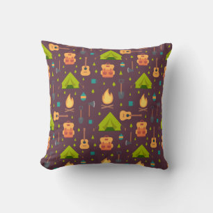 Rustic Brown Camping Pattern Tents and Guitars Cushion