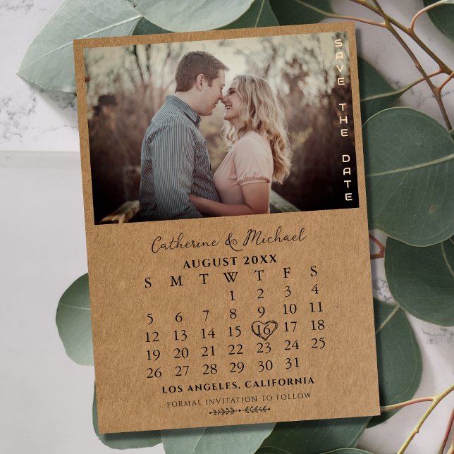 Rustic Brown Cardboard Simple Photo Date Calendar Save The Date (Creator Uploaded)