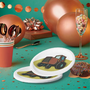 Rustic Brown Cartoon Tractor Farm Vehicle Paper Plate