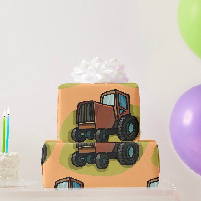 Rustic Brown Cartoon Tractor Farm Vehicle Wrapping Paper (Creator Uploaded)