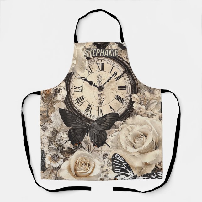 Rustic Brown Compass Butterfly Botanical Apron (Front)
