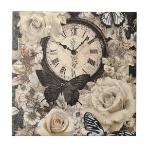 Rustic Brown Compass Butterfly Botanical Ceramic Tile