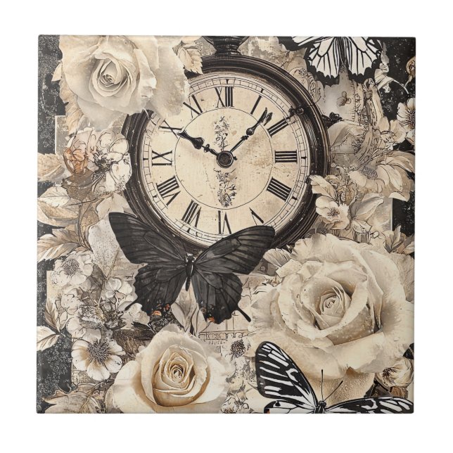 Rustic Brown Compass Butterfly Botanical Ceramic Tile (Front)