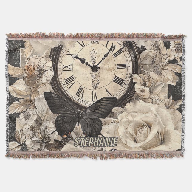 Rustic Brown Compass Butterfly Botanical Throw Blanket (Front)