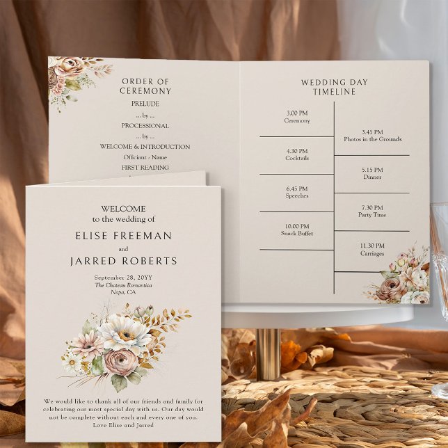 Rustic Brown Country Floral Wedding Program (Wedding Program from the Rustic Floral Brown Neutral Wedding Collection by Darling & May)
