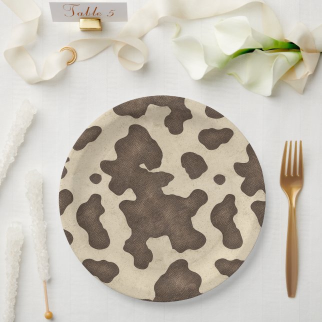 Rustic Brown Cow Print Country Western Rodeo Party Paper Plate (Wedding)