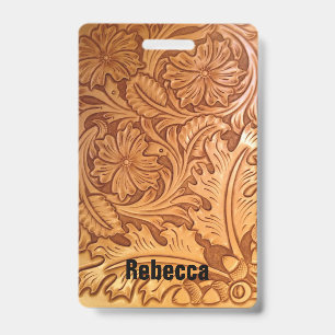 Rustic brown cowboy fashion western leather ID badge