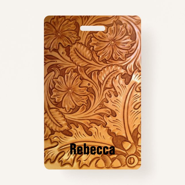 Rustic brown cowboy fashion western leather ID badge (Front)