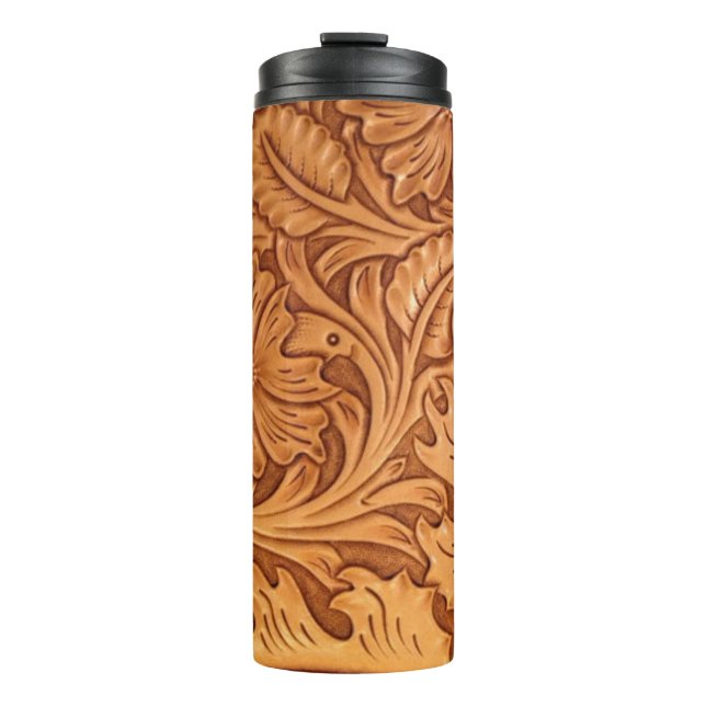 Rustic brown cowboy fashion western leather thermal tumbler (Front)