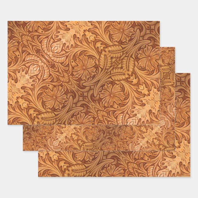 Rustic brown cowboy fashion western leather wrapping paper sheet (Set)