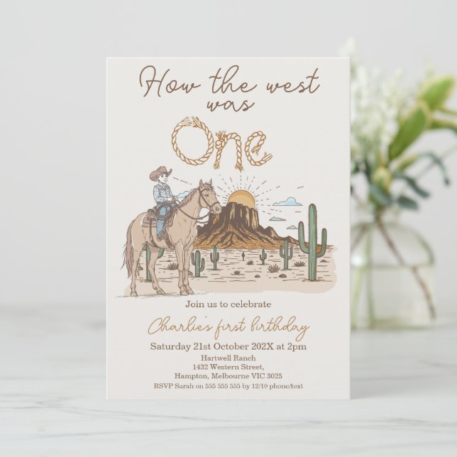 Rustic Brown Cowboy How West Was One 1st Birthday Invitation (Standing Front)