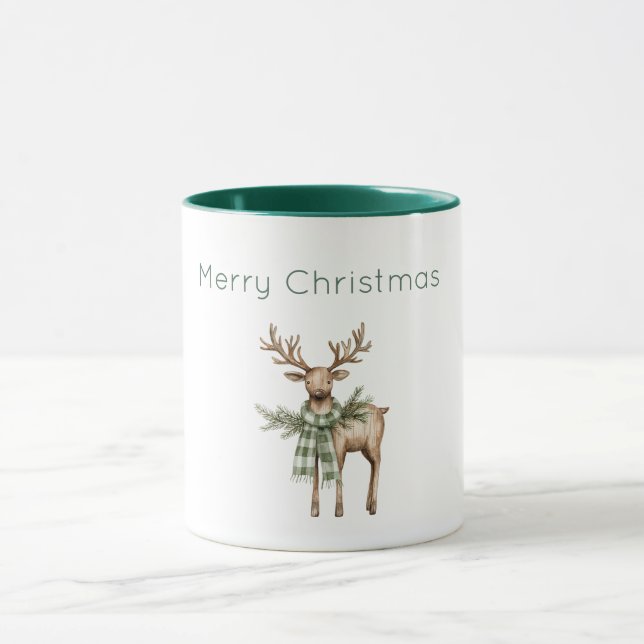 Rustic Brown Cream Green Deer Christmas Mug (Center)