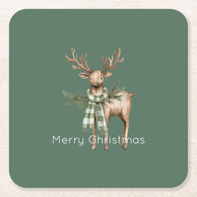 Rustic Brown Cream Green Deer Square Paper Coaster (Front)